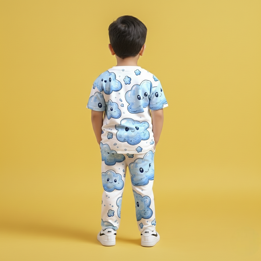 Cute Cloud Half T-shirt & Jogger Co-ord Set