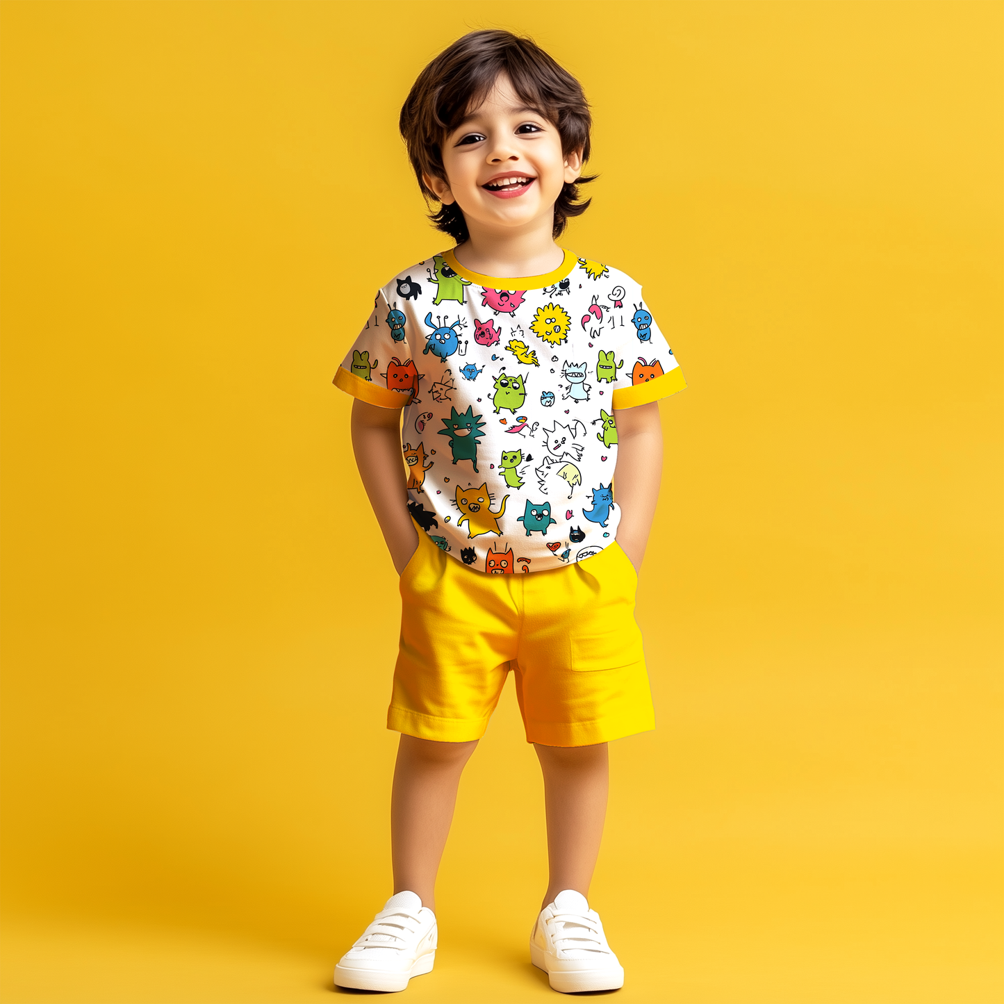 Yellow Cats T-shirt & Shorts Kids Co-ord Set
