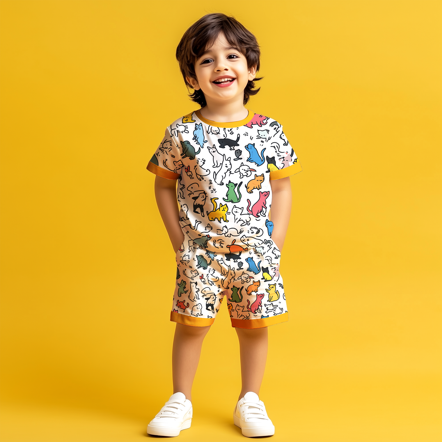 Multi Cat T-shirt & Shorts Kids Co-ord Set