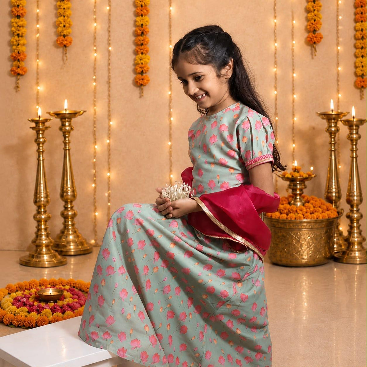 Printed Lehenga Choli Set with Pink Organza Dupatta