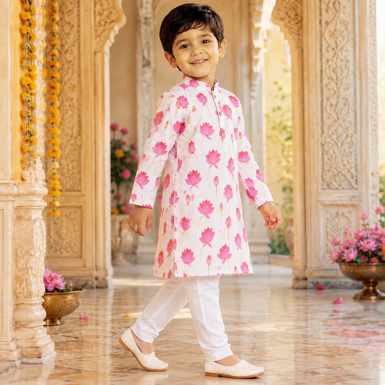 Boys White & Pink Lotus Print Cotton Silk Kurta with White Pajama Set
