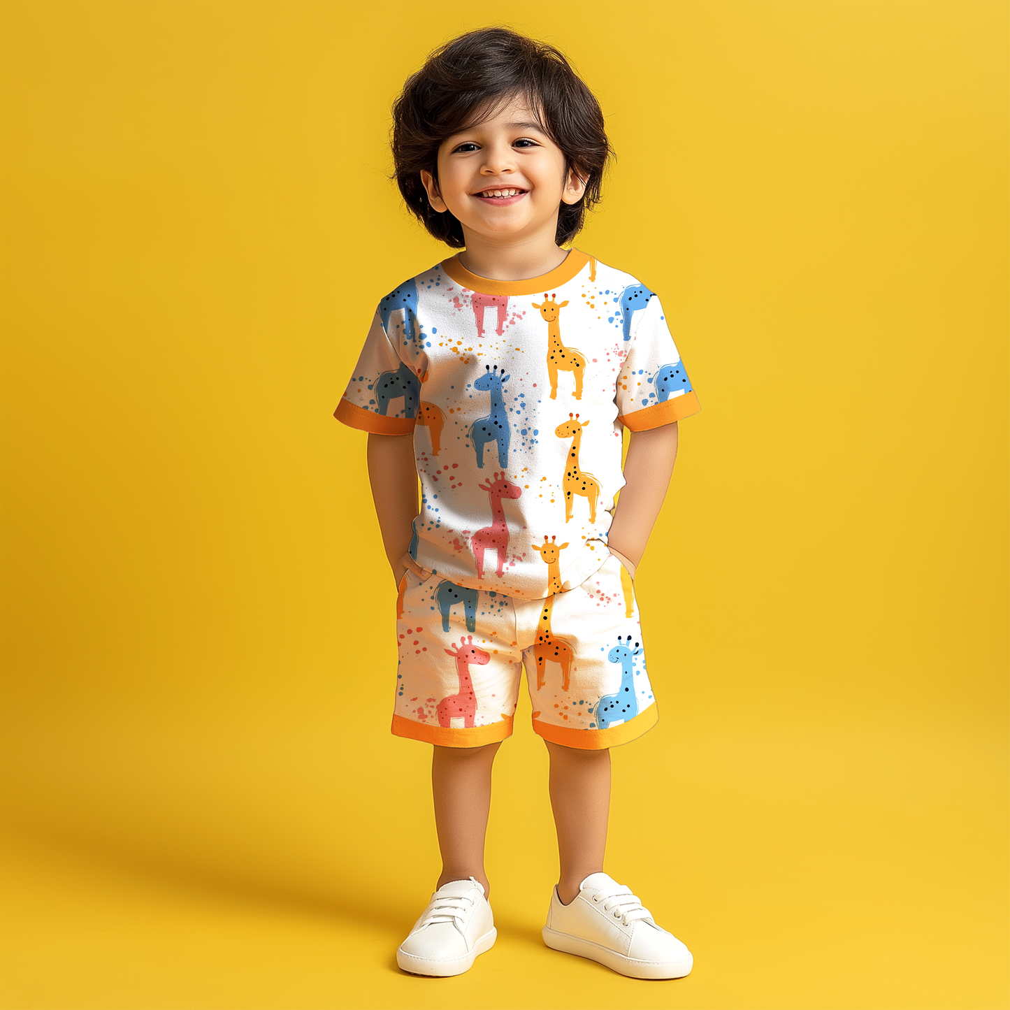 Multicolor Giraffe T-shirt & Shorts Kids Co-ord Set