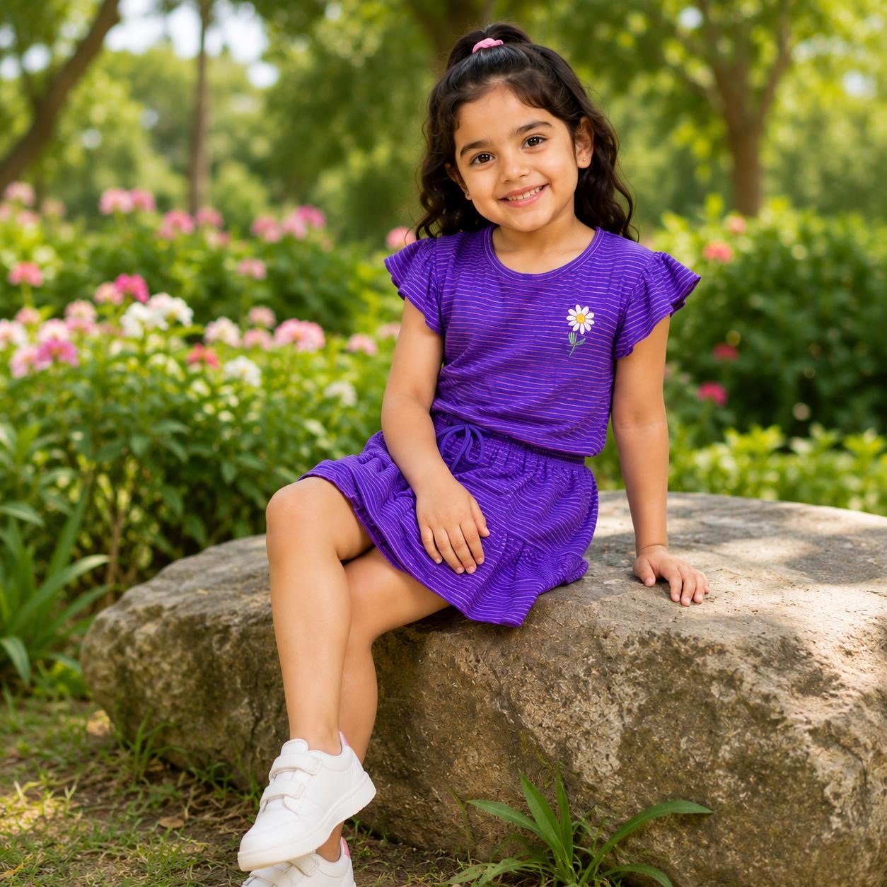 Purple Striped Flutter Sleeve top & Tiered Skirt co-ord set