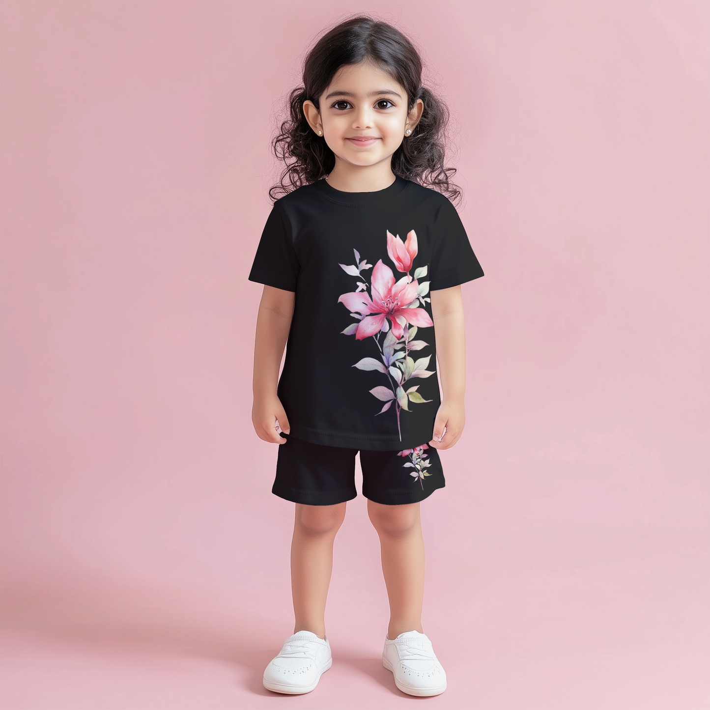 Black Blossom T-shirt & Shorts Kids Co-ord Set
