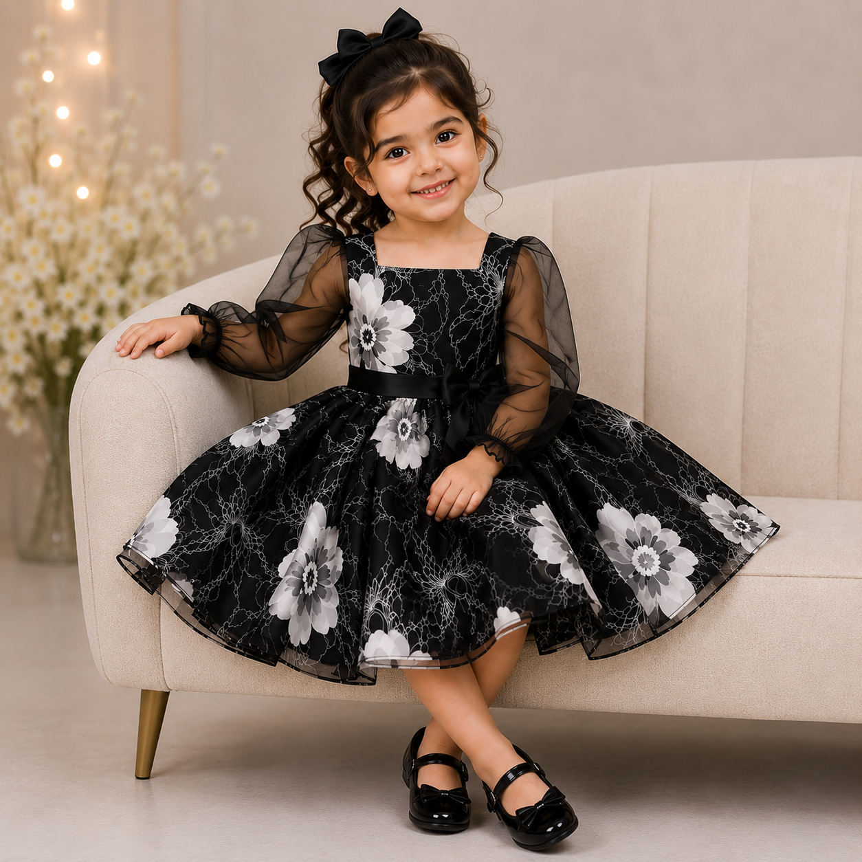 Black & White Floral Party Dress with Sheer Puff Sleeves