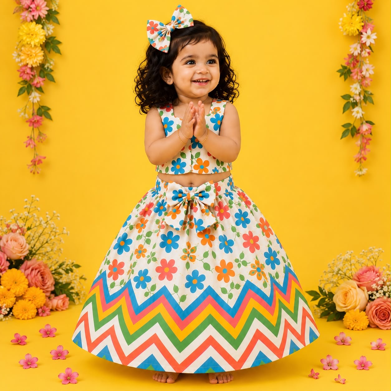 Floral Printed Crop Top & Zigzag Lehenga Set