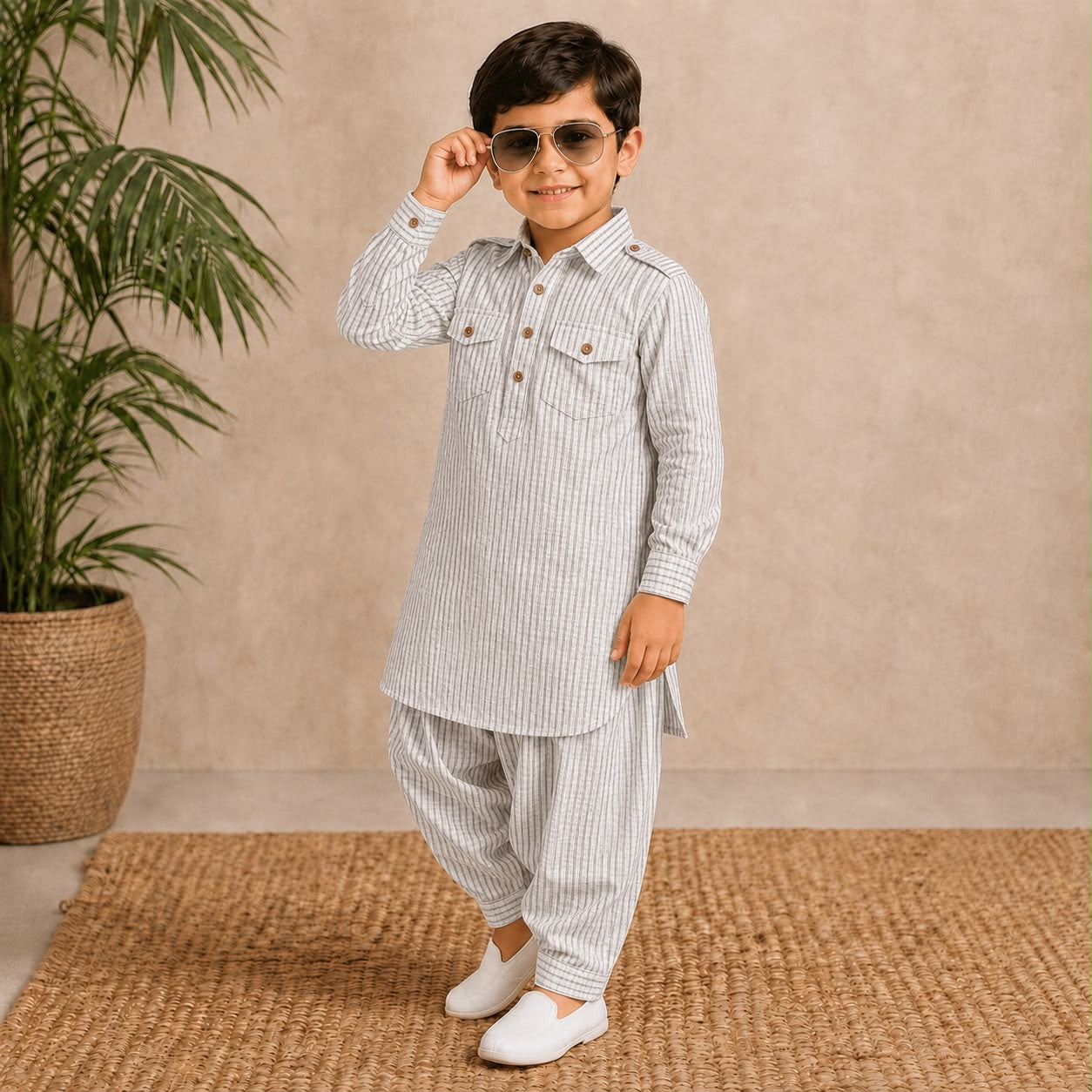 White Striped Pathani Suit Set
