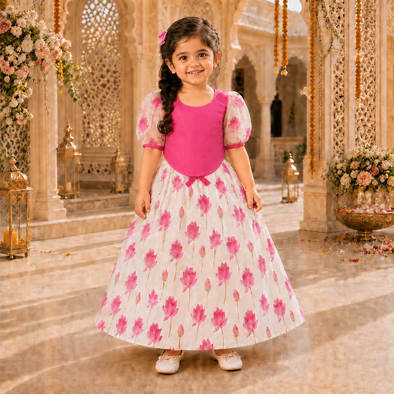 Pink Lotus Print Cotton Silk lehnga with Organza Puff Sleeves