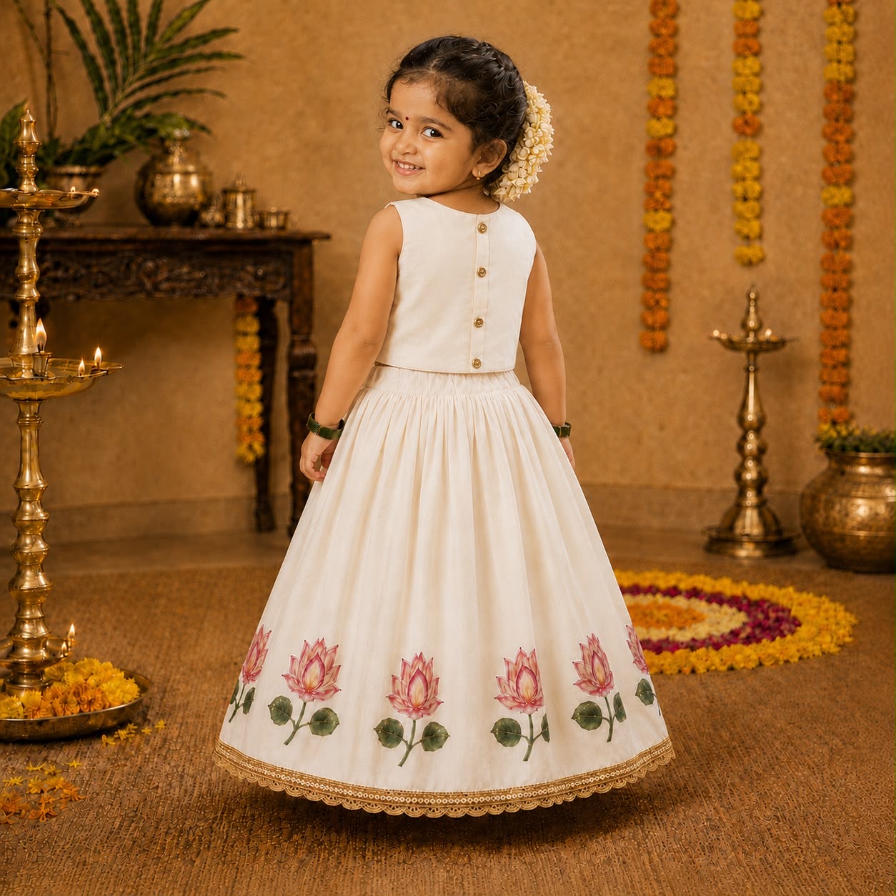 White Lotus Print Lehenga Choli Set