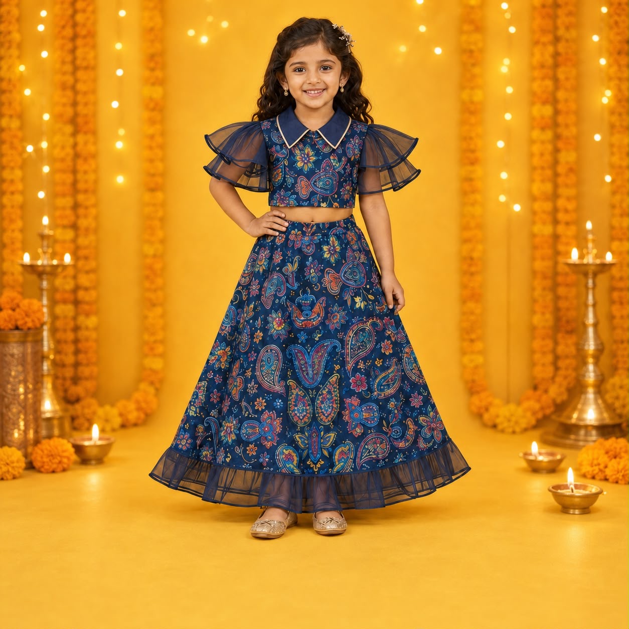 Navy Blue Paisley Printed Lehenga Choli Set with Ruffle Sleeves