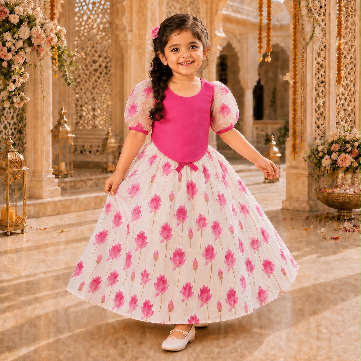 Pink Lotus Print Cotton Silk lehnga with Organza Puff Sleeves
