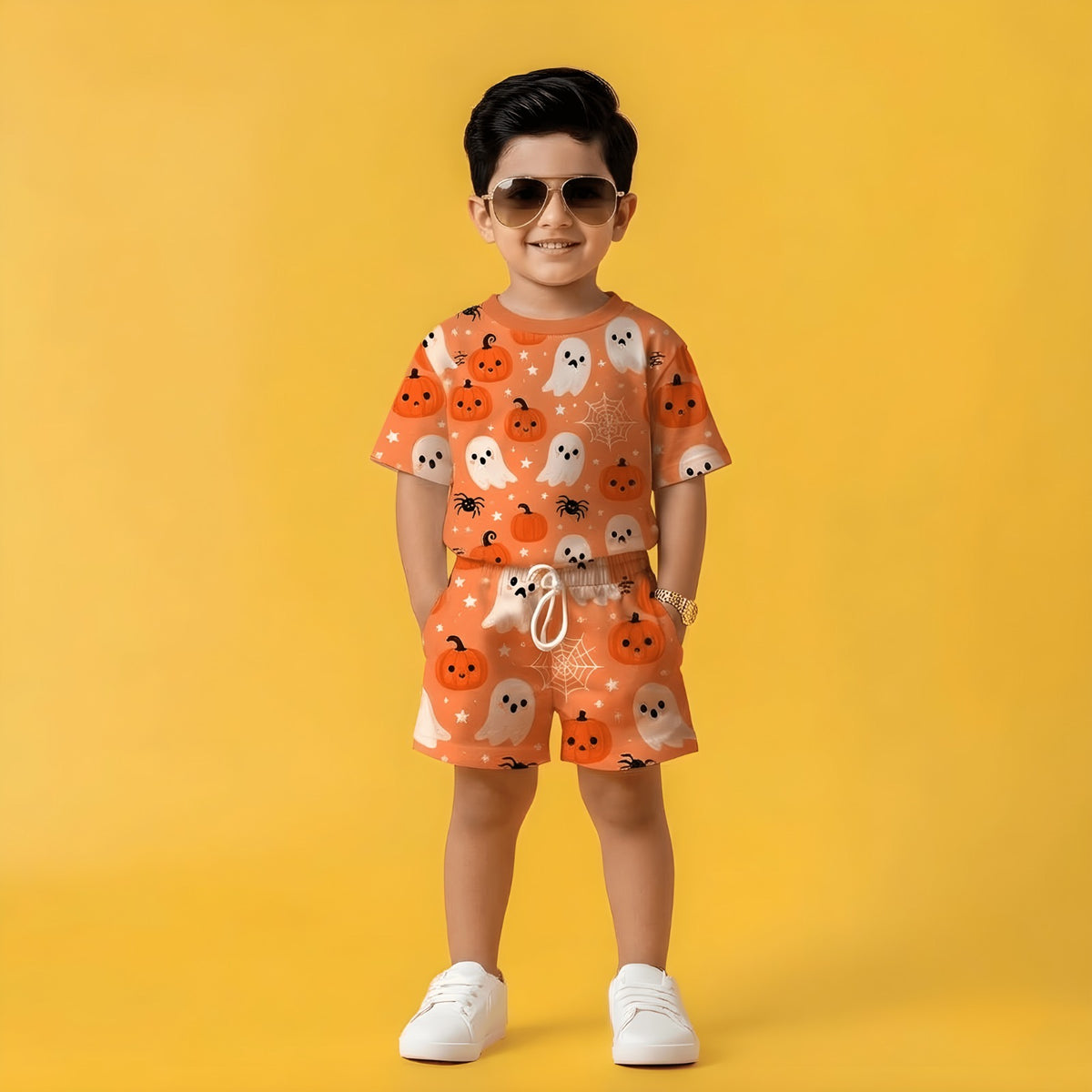 Halloween Pumpkin and Ghost Printed T-Shirt & Shorts Set