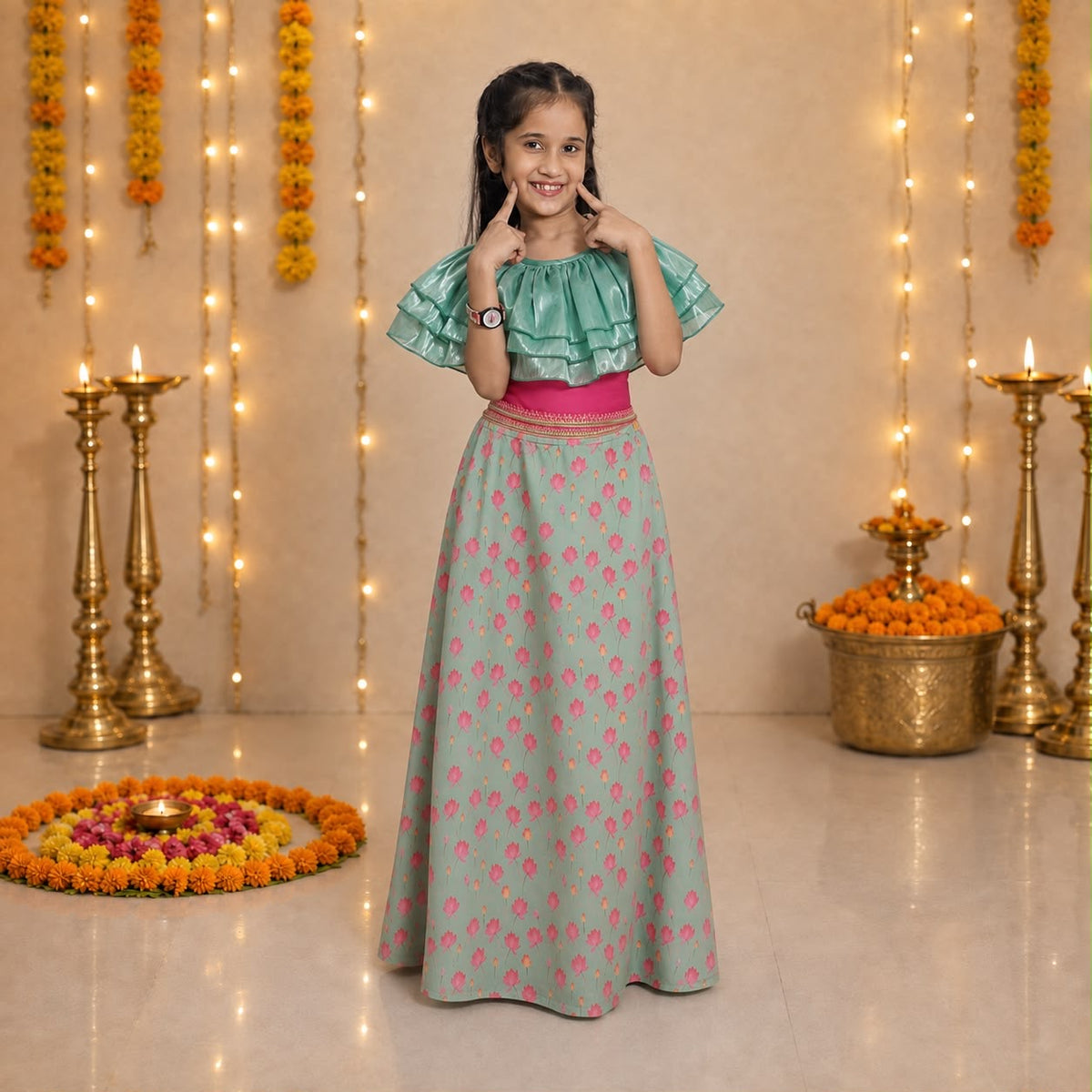 Festive Printed Lehenga Set with Organza Ruffle Top