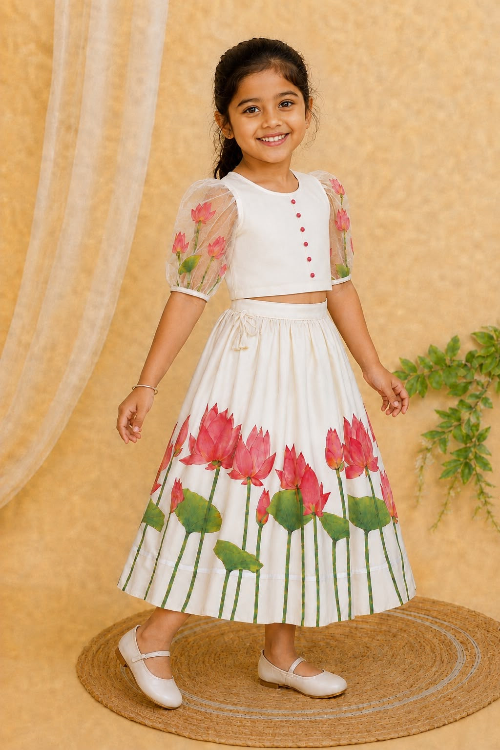 Lotus Print Lehnga with Printed Organza Puff Sleeves