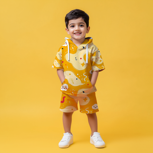 Yellow Print Hoodie & Shorts Set
