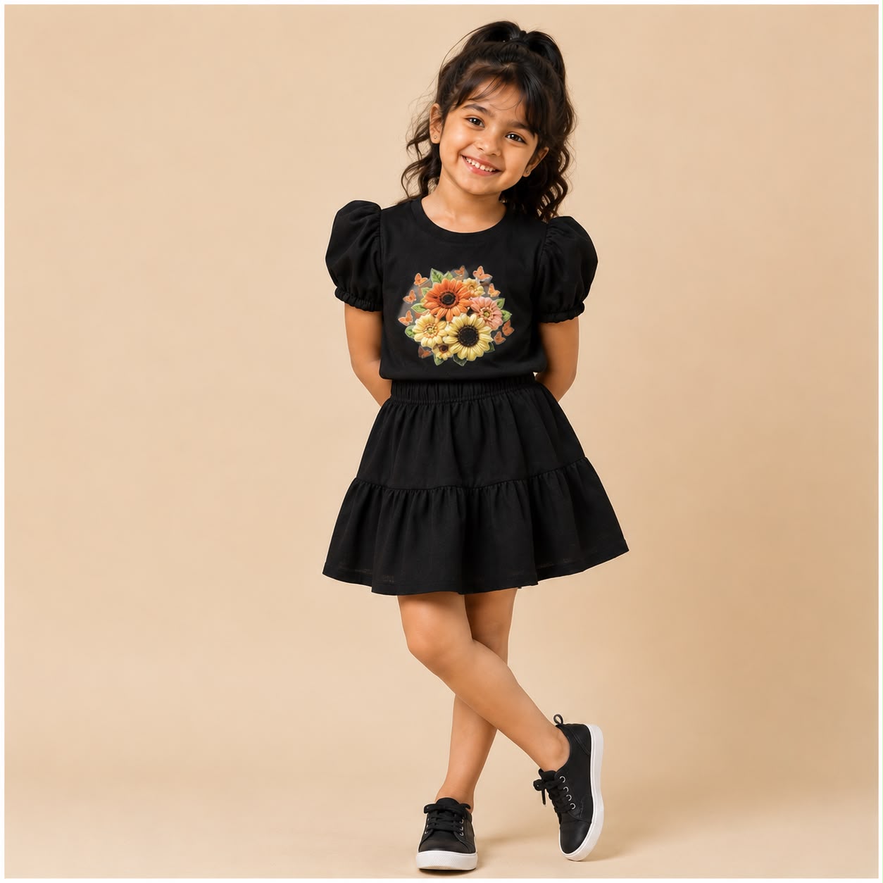 Girl's Black Floral Print co-ord set