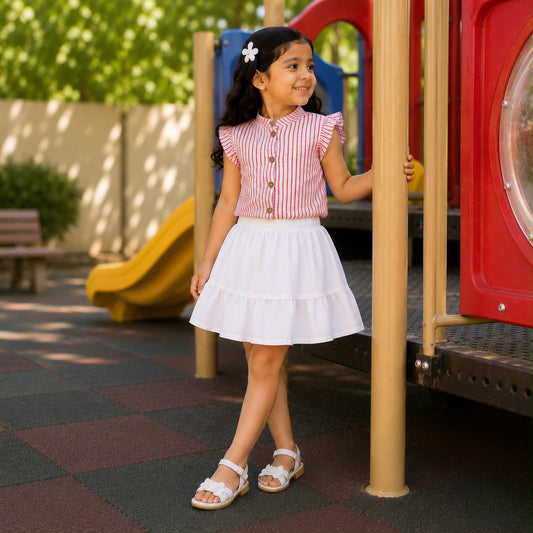 Girls pink striped top & white tiered skirt Co-Ord set.