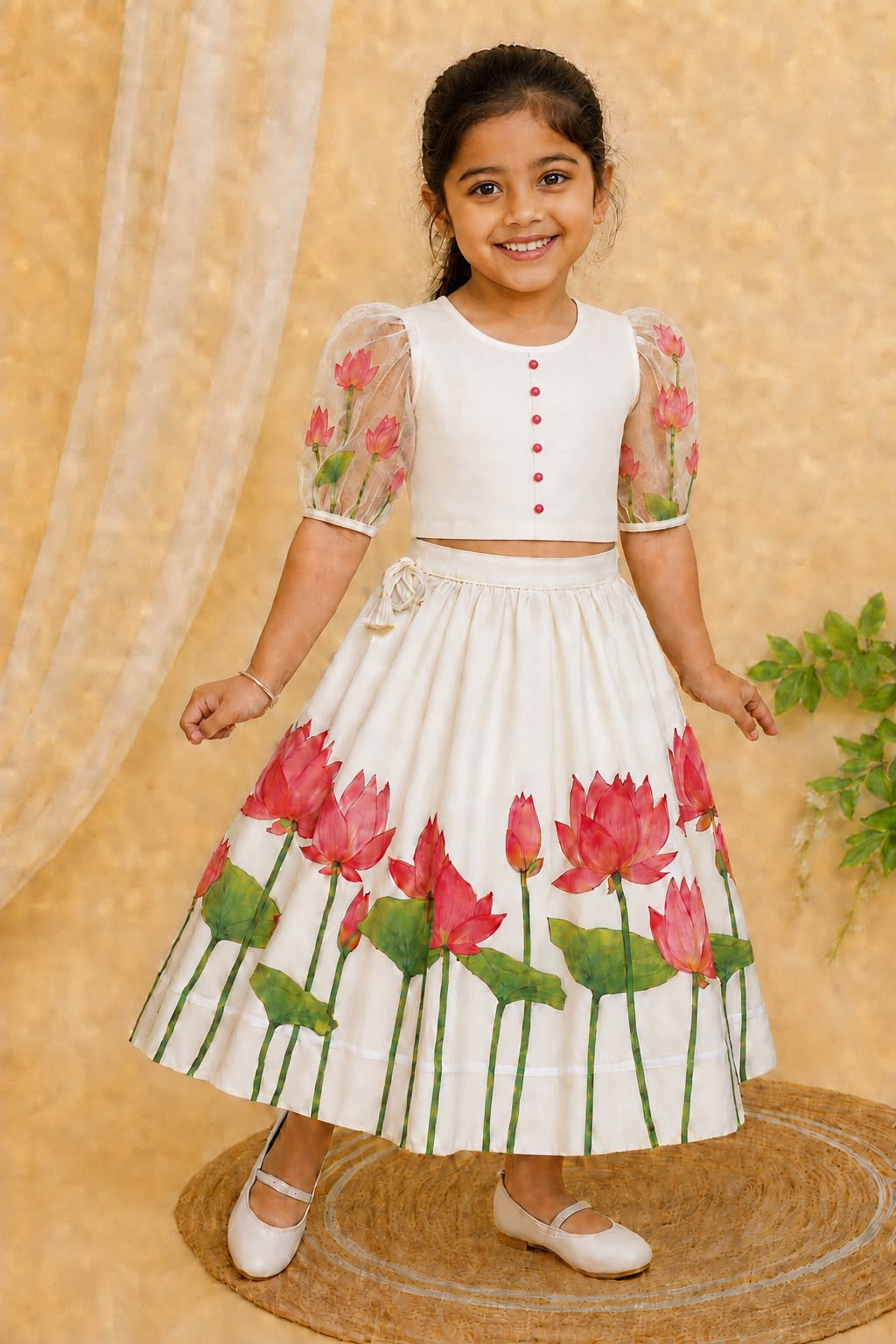 Lotus Print Lehnga with Printed Organza Puff Sleeves