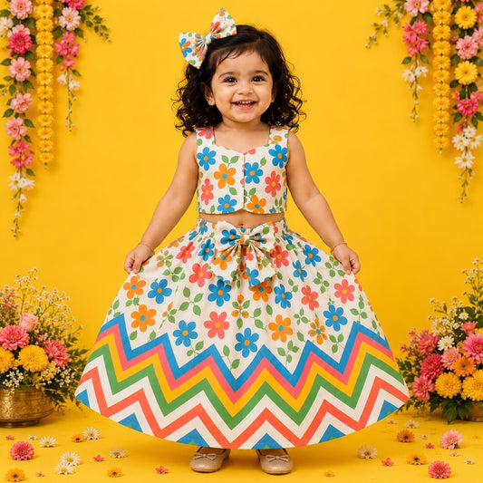 Floral Printed Crop Top & Zigzag Lehenga Set