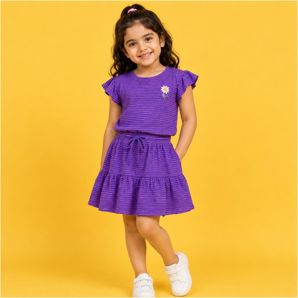 Purple Striped Flutter Sleeve top & Tiered Skirt co-ord set