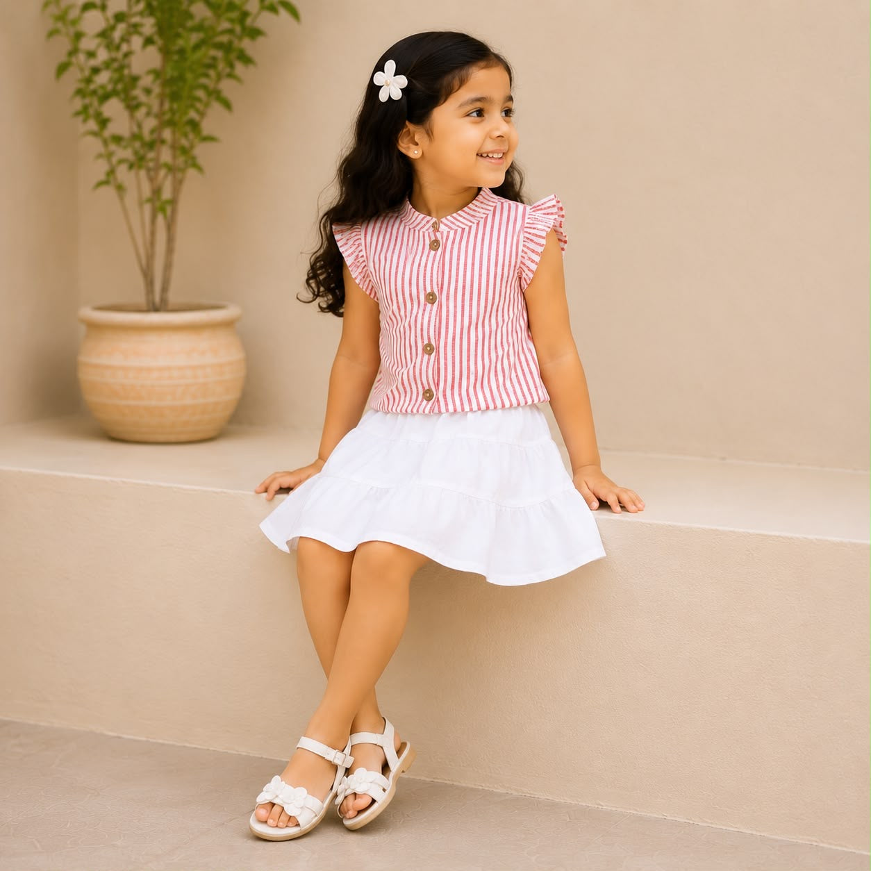 Girls pink striped top & white tiered skirt Co-Ord set.