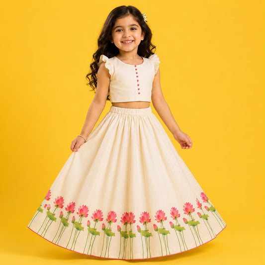 Elegant Lotus floral lehnga choli set.