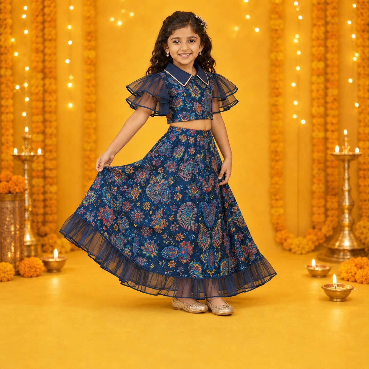Navy Blue Paisley Printed Lehenga Choli Set with Ruffle Sleeves