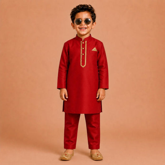 Red Kurta set with pocket square