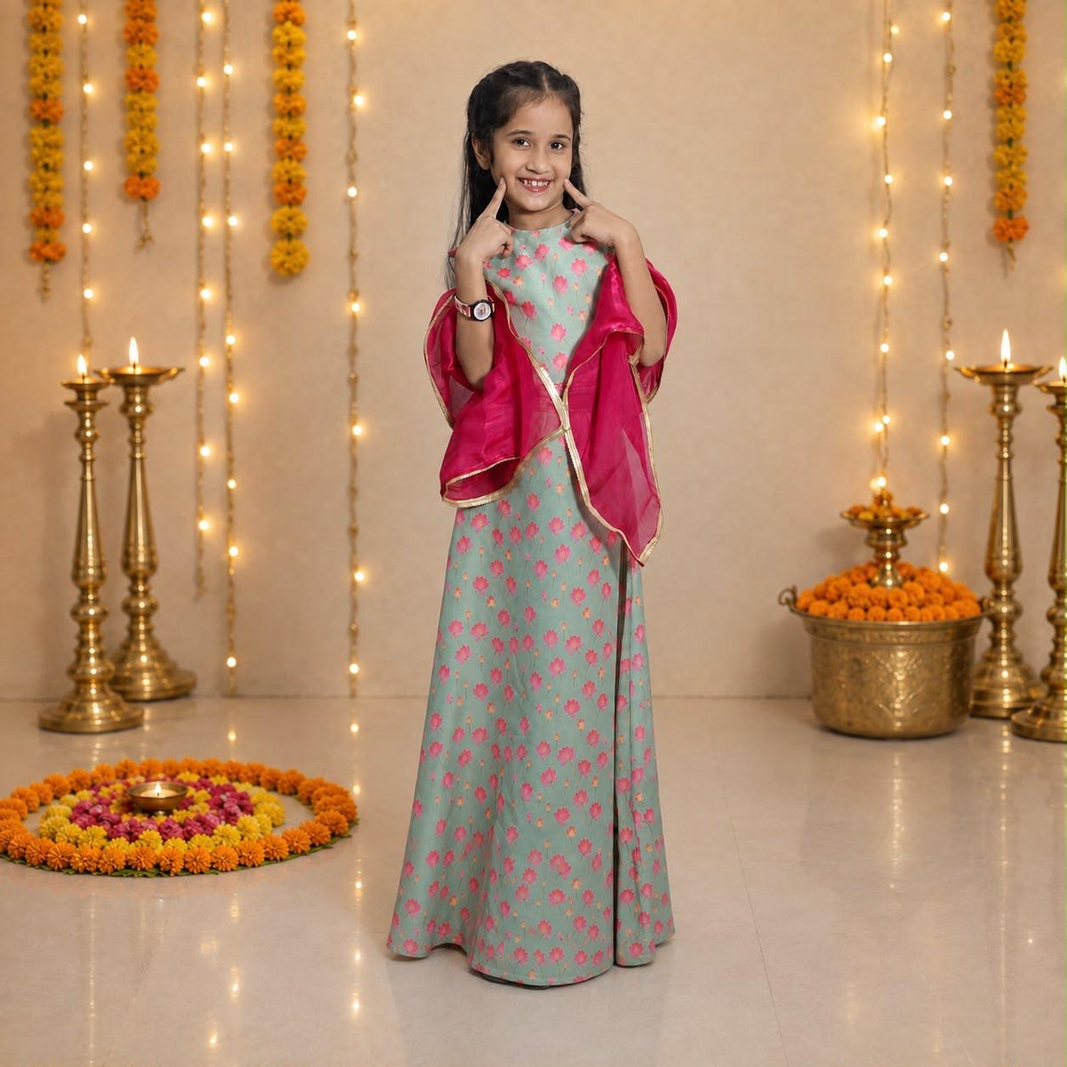 Printed Lehenga Choli Set with Pink Organza Dupatta