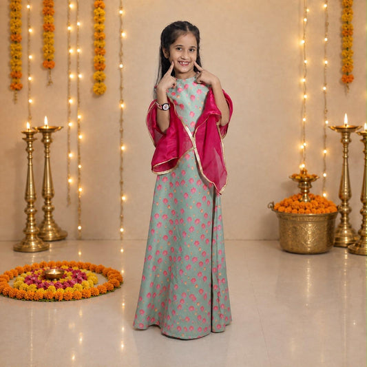 Printed Lehenga Choli Set with Pink Organza Dupatta