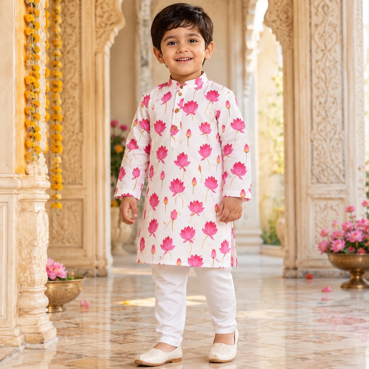 Boys White & Pink Lotus Print Cotton Silk Kurta with White Pajama Set
