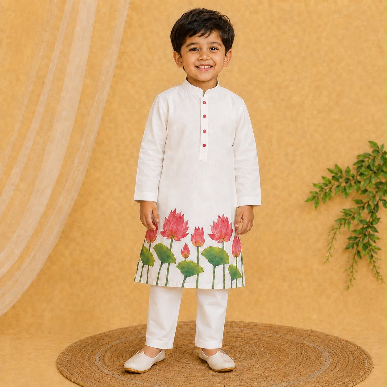 White Cotton Kurta Pajama Set with Lotus Print