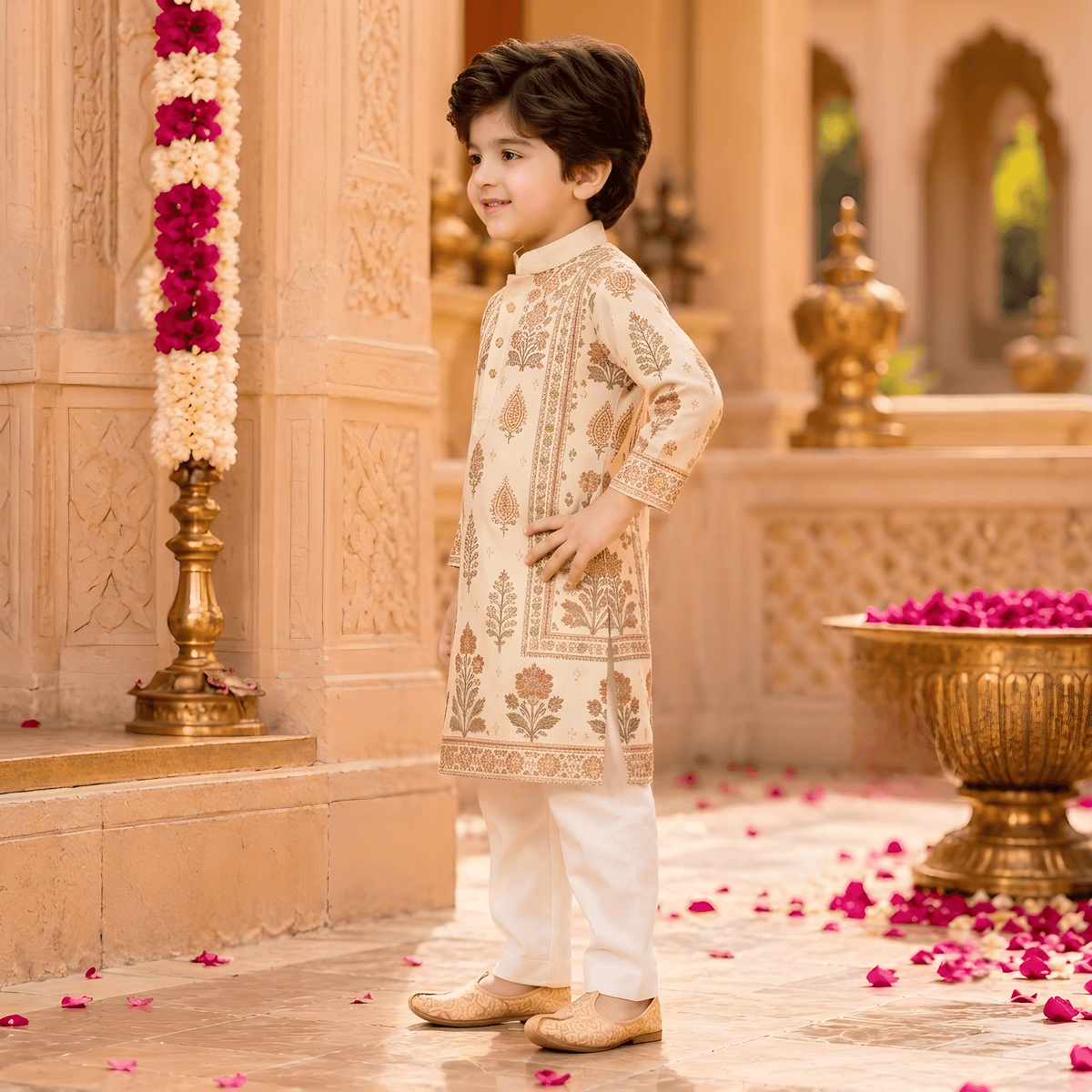 Royal Bloom Ivory Printed Kurta Pajama Set for Boys