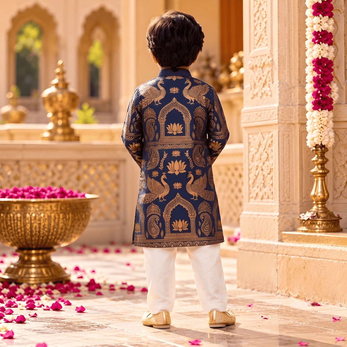 Royal Peacock Navy Blue Kurta Pajama Set for Boys