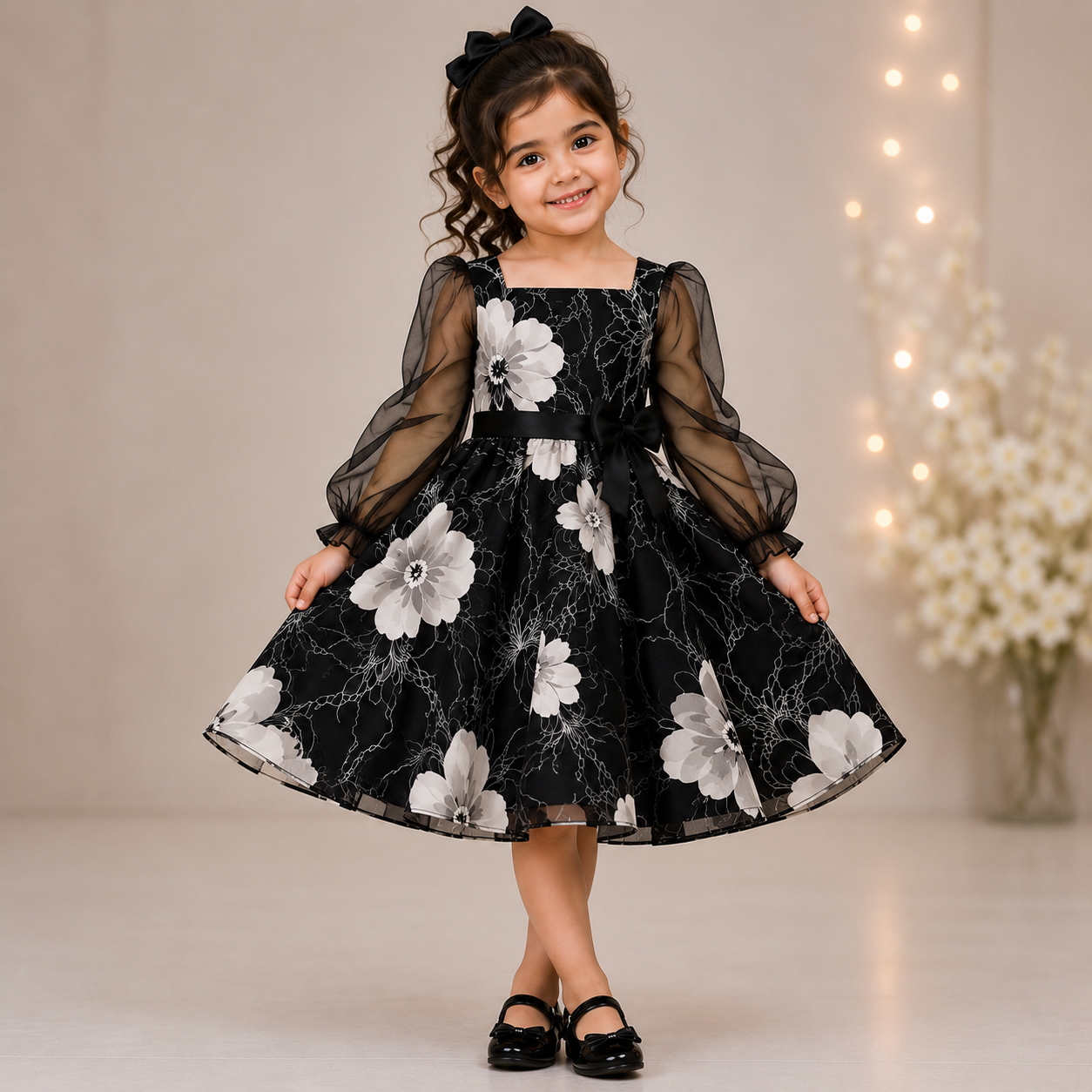 Black & White Floral Party Dress with Sheer Puff Sleeves