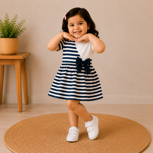 Navy Blue & White Striped Casual Dress with Bow