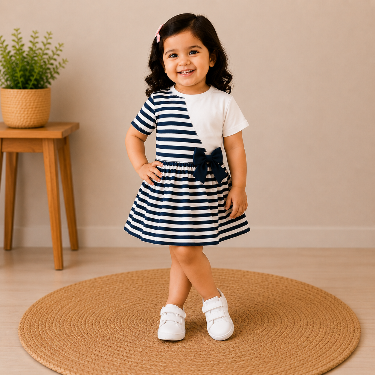 Navy Blue & White Striped Casual Dress with Bow