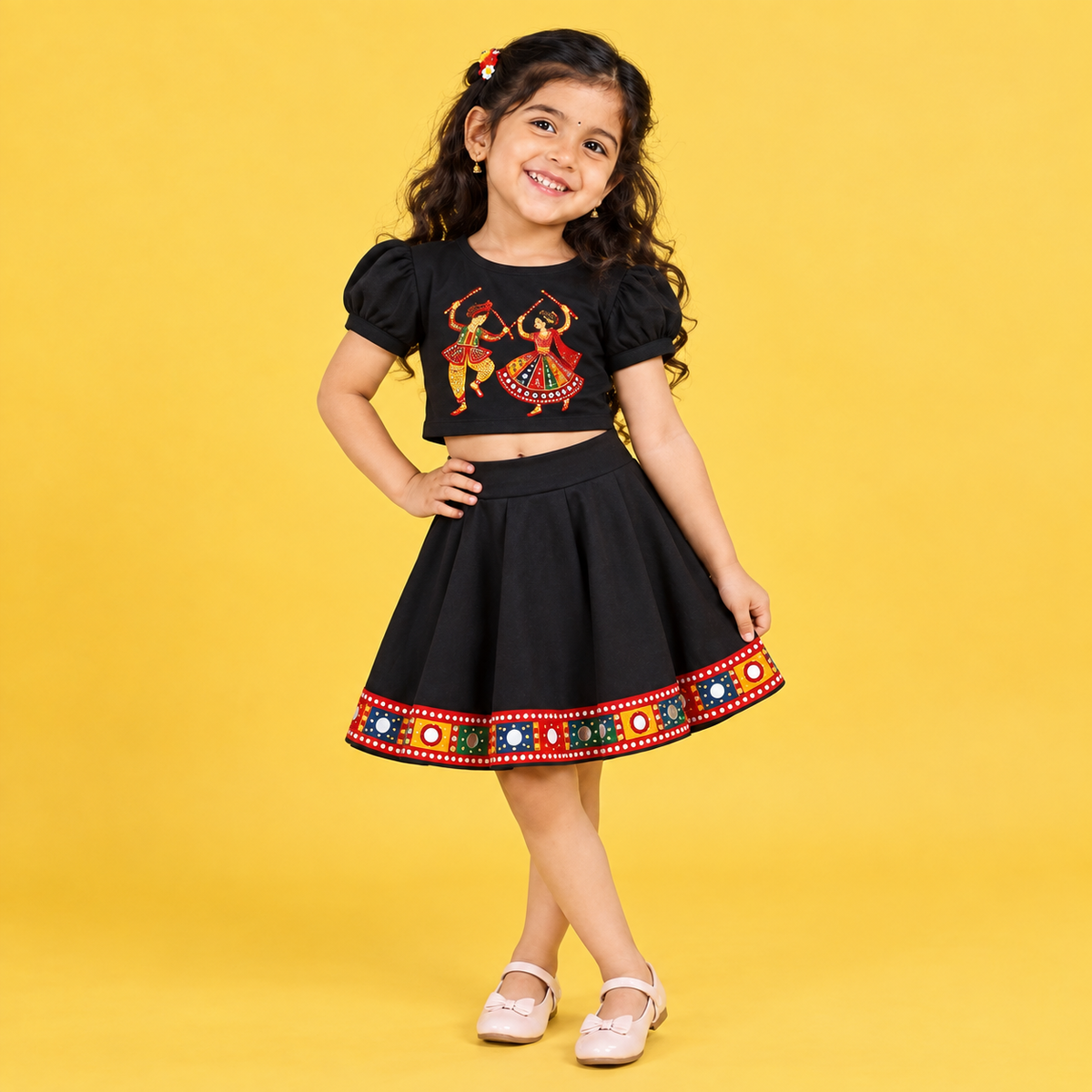Black Garba Printed Skirt & Top Set with Traditional Border