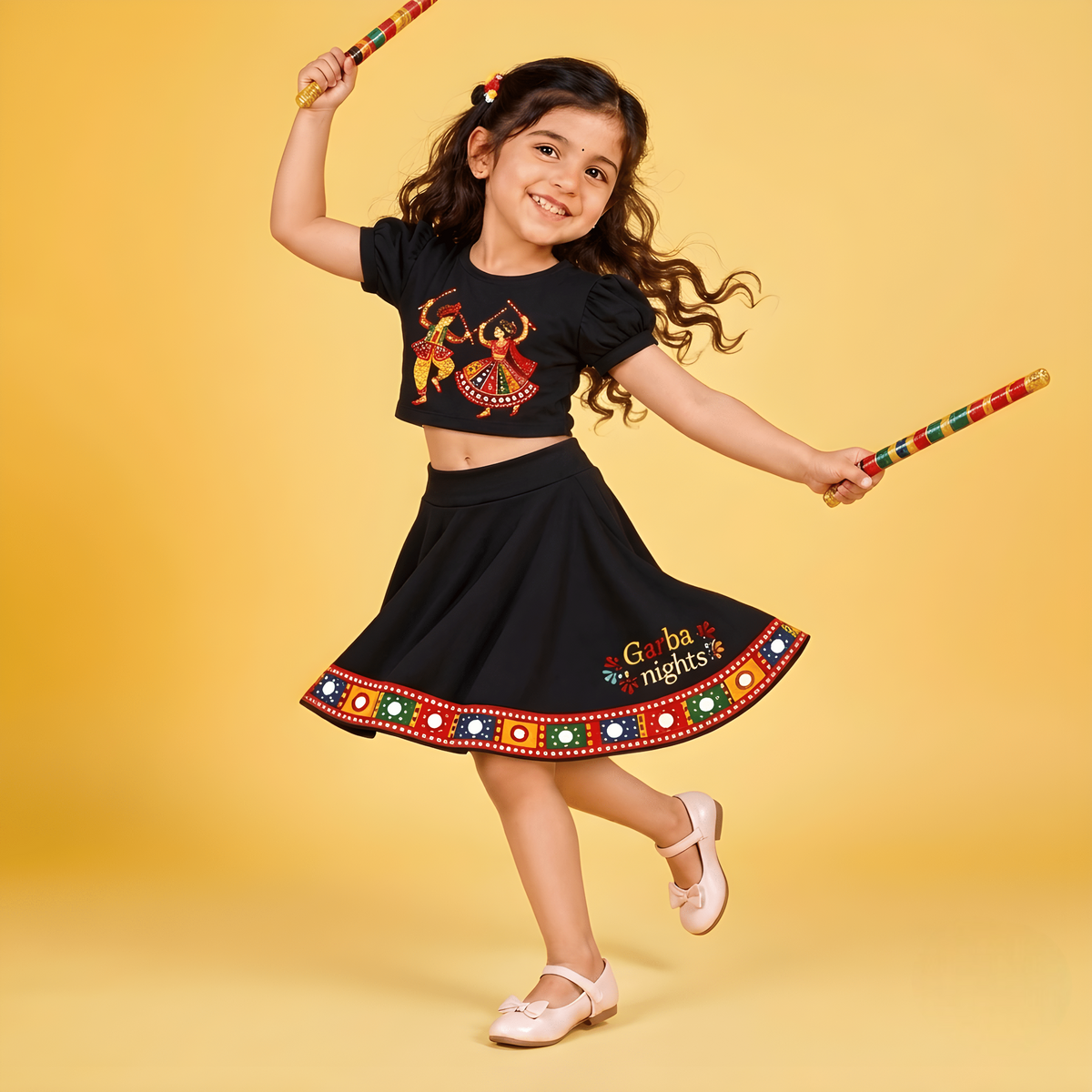 Black Garba Printed Skirt & Top Set with Traditional Border