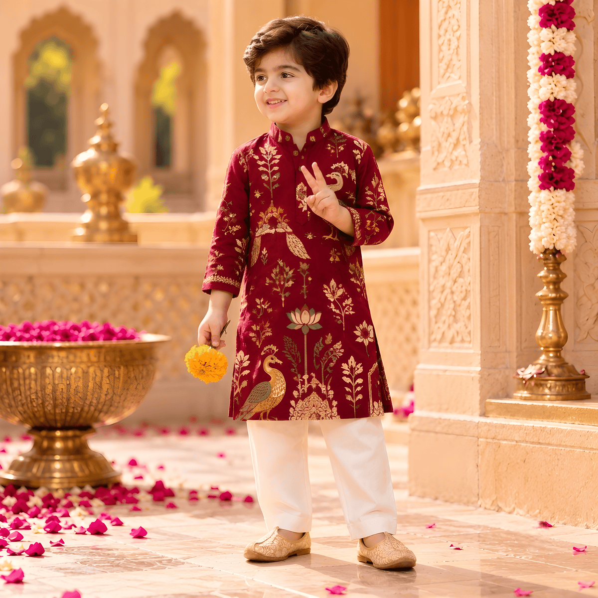Royal Peacock Maroon Kurta Pajama Set for Boys