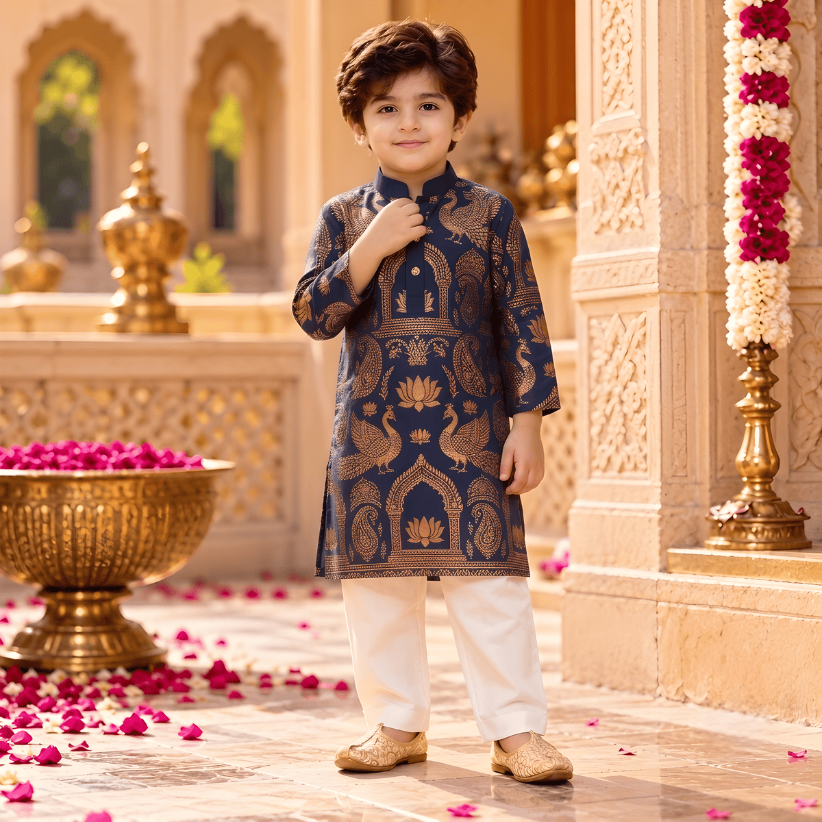 Royal Peacock Navy Blue Kurta Pajama Set for Boys