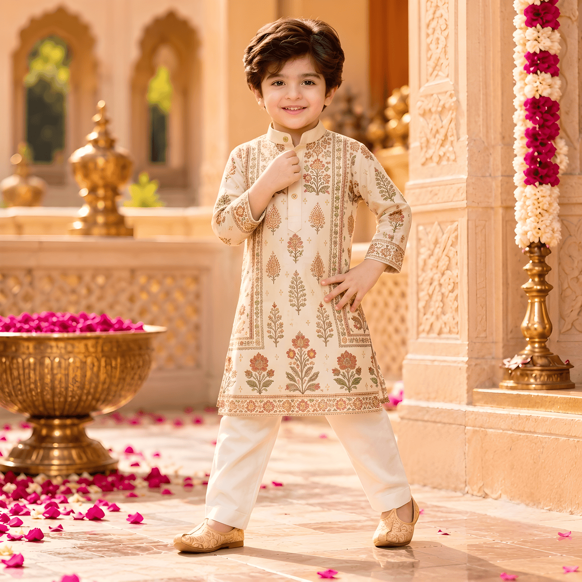 Royal Bloom Ivory Printed Kurta Pajama Set for Boys
