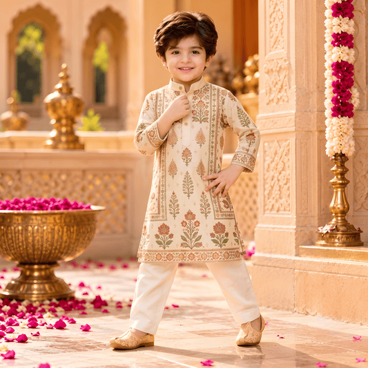 Royal Bloom Ivory Printed Kurta Pajama Set for Boys
