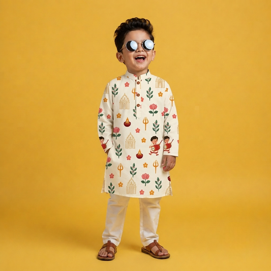 Festive Temple & Dhak Motif Kurta Set