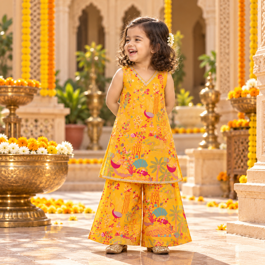 Marigold Yellow Printed Kurta Set for Girls.