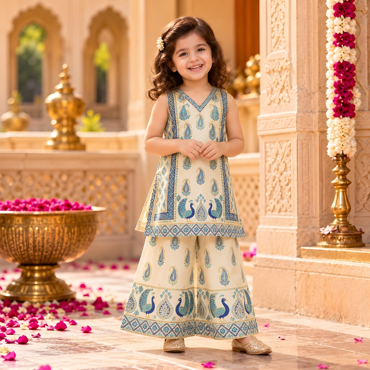 Peacock Charm Cotton Silk Kurta Palazzo Set for Girls