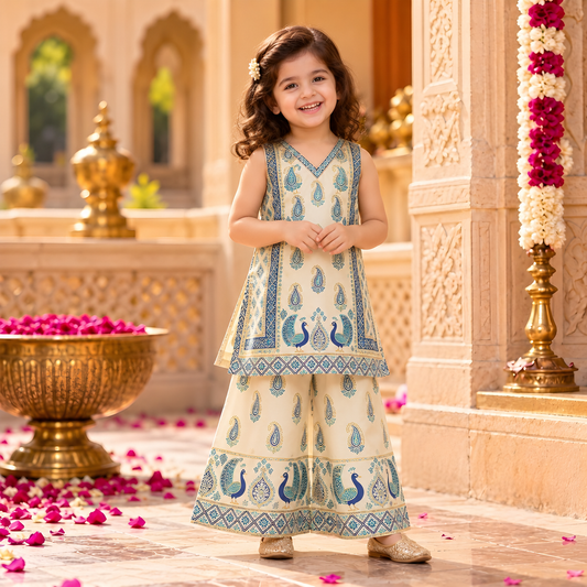Peacock Charm Cotton Silk Kurta Palazzo Set for Girls
