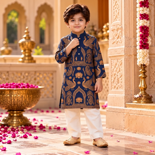 Royal Peacock Navy Blue Kurta Pajama Set for Boys