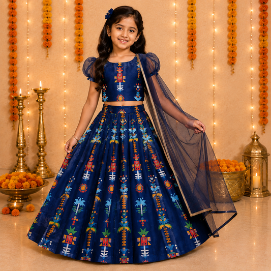 Festive pattern Lehenga Choli Set with Organza Sleeves & Dupatta