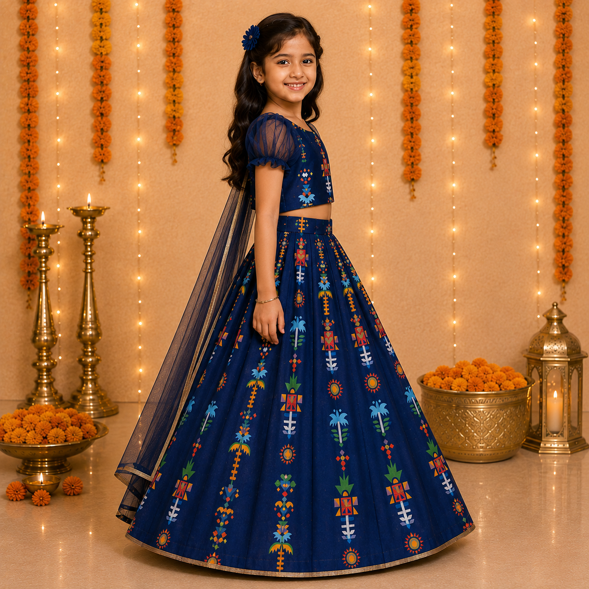 Festive pattern Lehenga Choli Set with Organza Sleeves & Dupatta